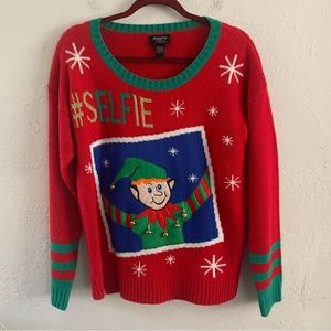 Ugly Christmas Sweater Selfie Elf Jingle Bells Holiday Top Size L